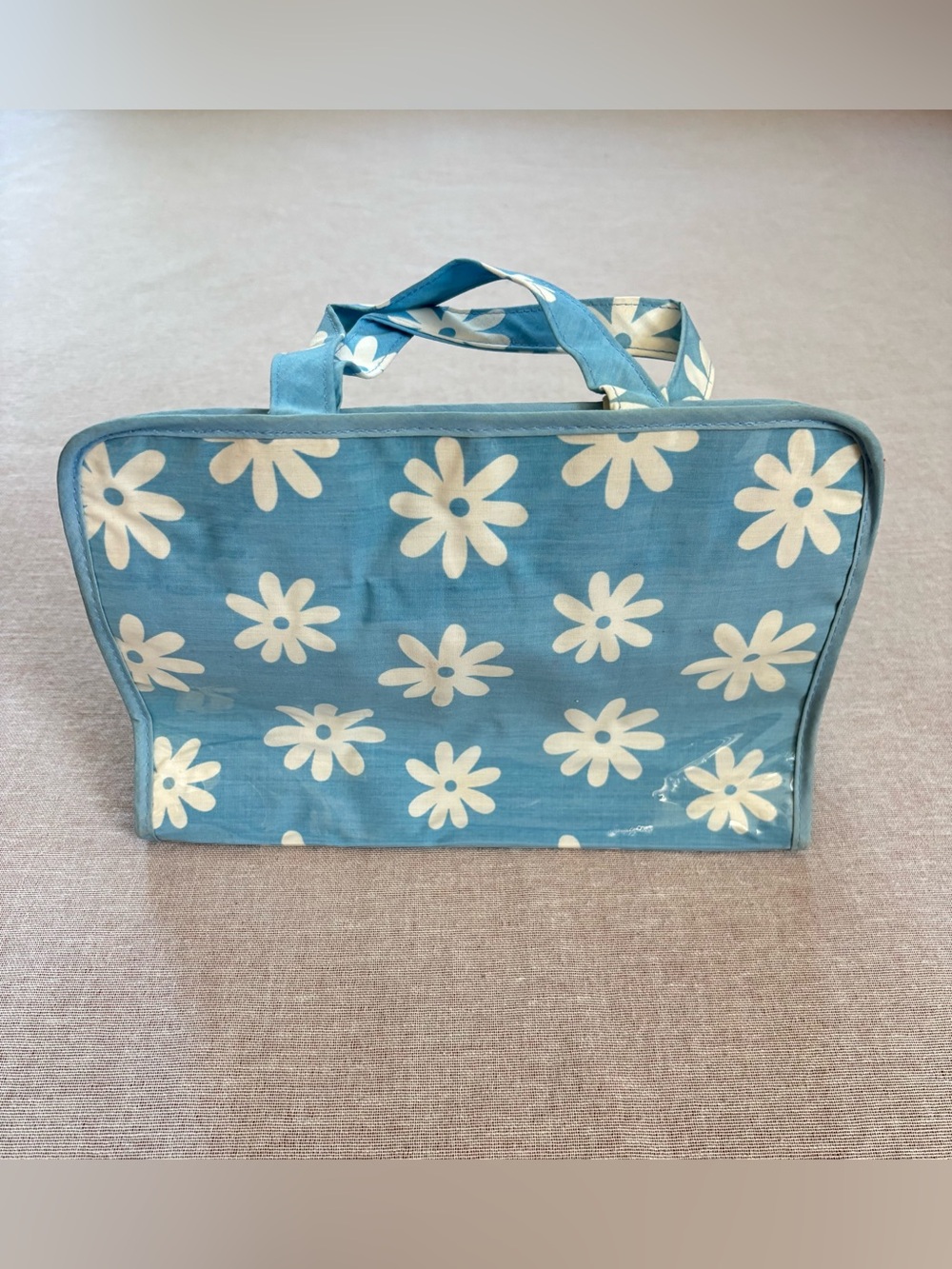 Vintage blue daisy boho vinyl clutch pouch.